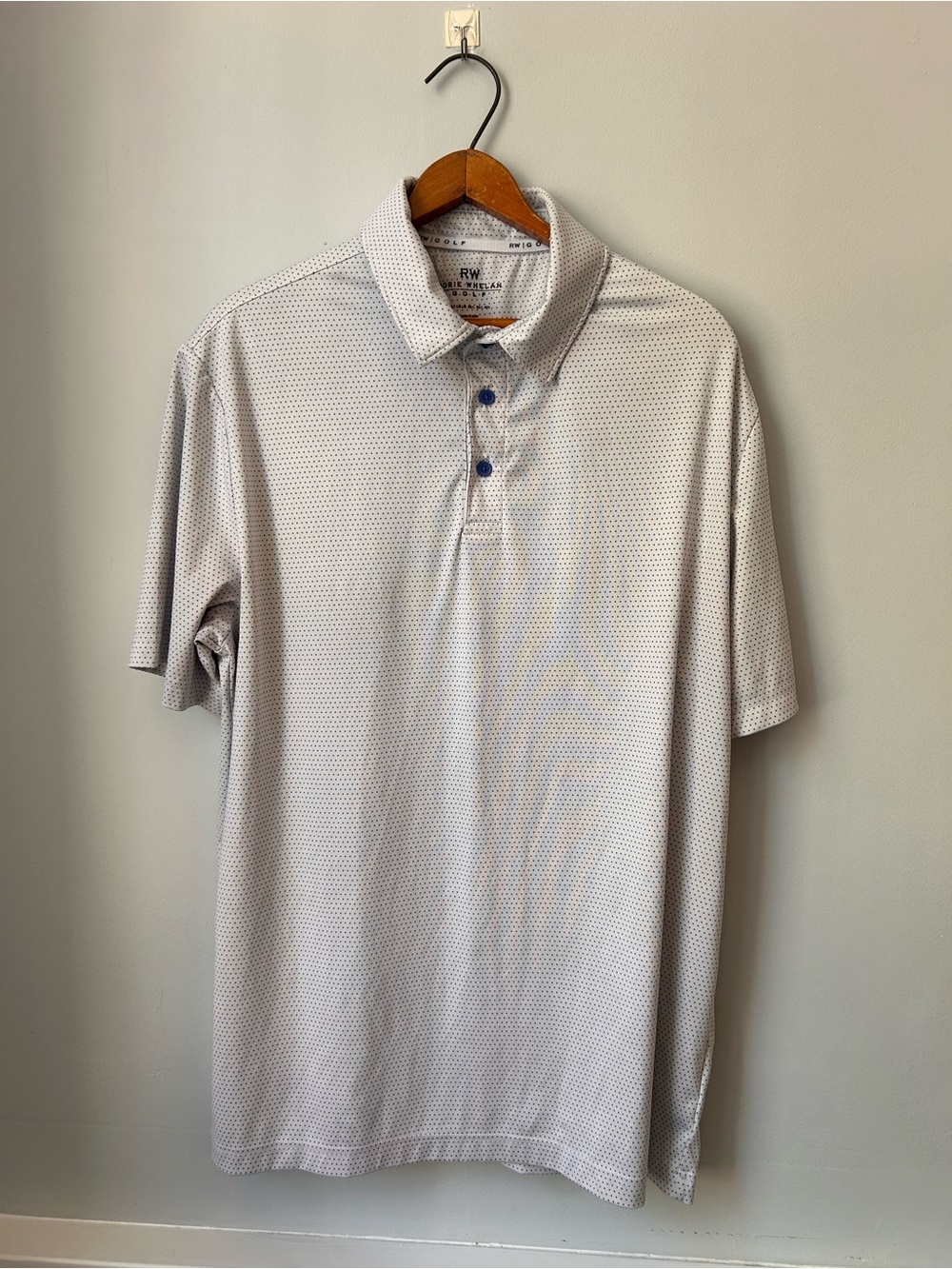 Rorie Whelan Golf Shirt Mens Large White‎ Polka Dot Polo Short Sleeve Stretch